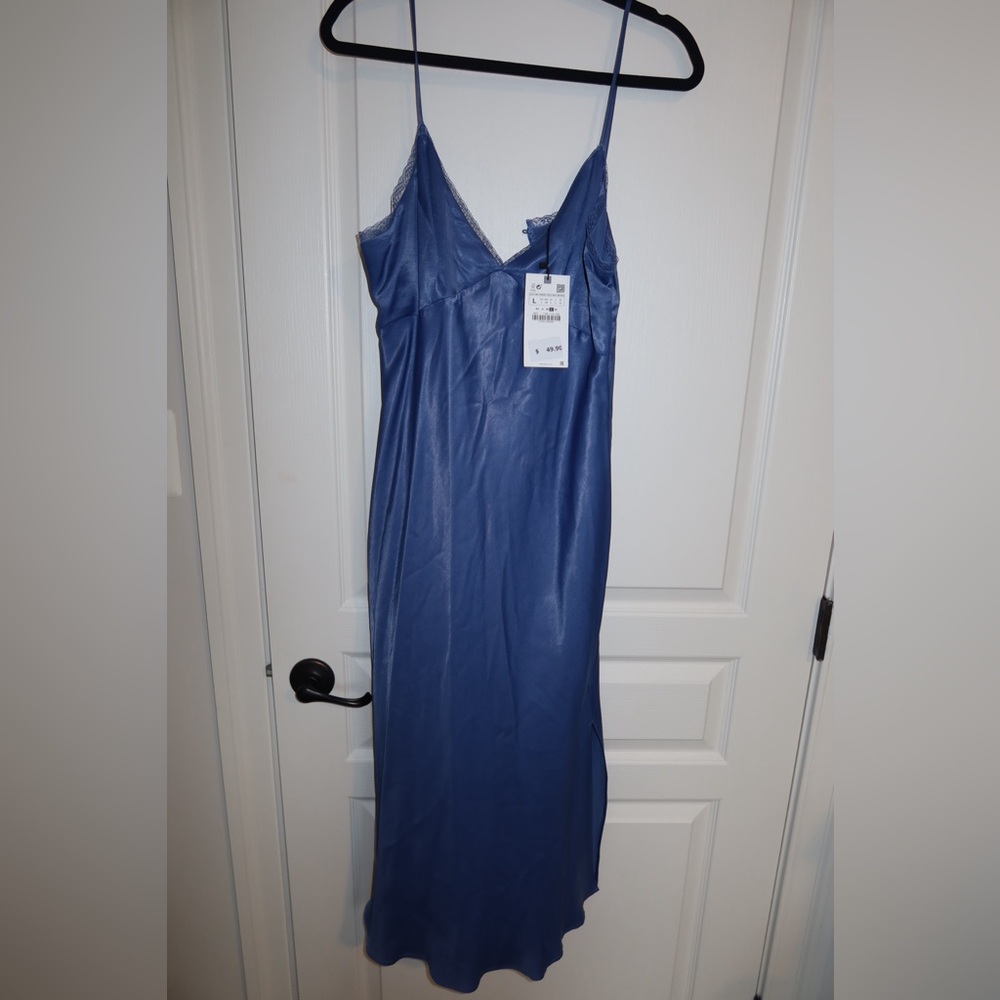 Blue Zara Satin and Lace Slip Dress